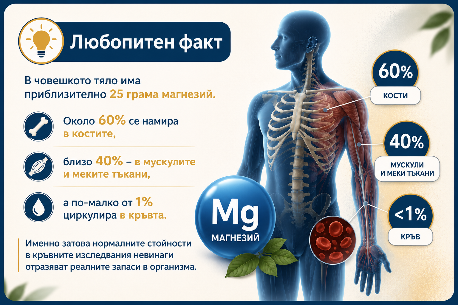 В човешкото тяло има приблизително 25 грама магнезий. Около 60% се намира в костите, близо 40% – в мускулите и меките тъкани, а по-малко от 1% циркулира в кръвта. Именно затова нормалните стойности в кръвните изследвания невинаги отразяват реалните запаси в организма.