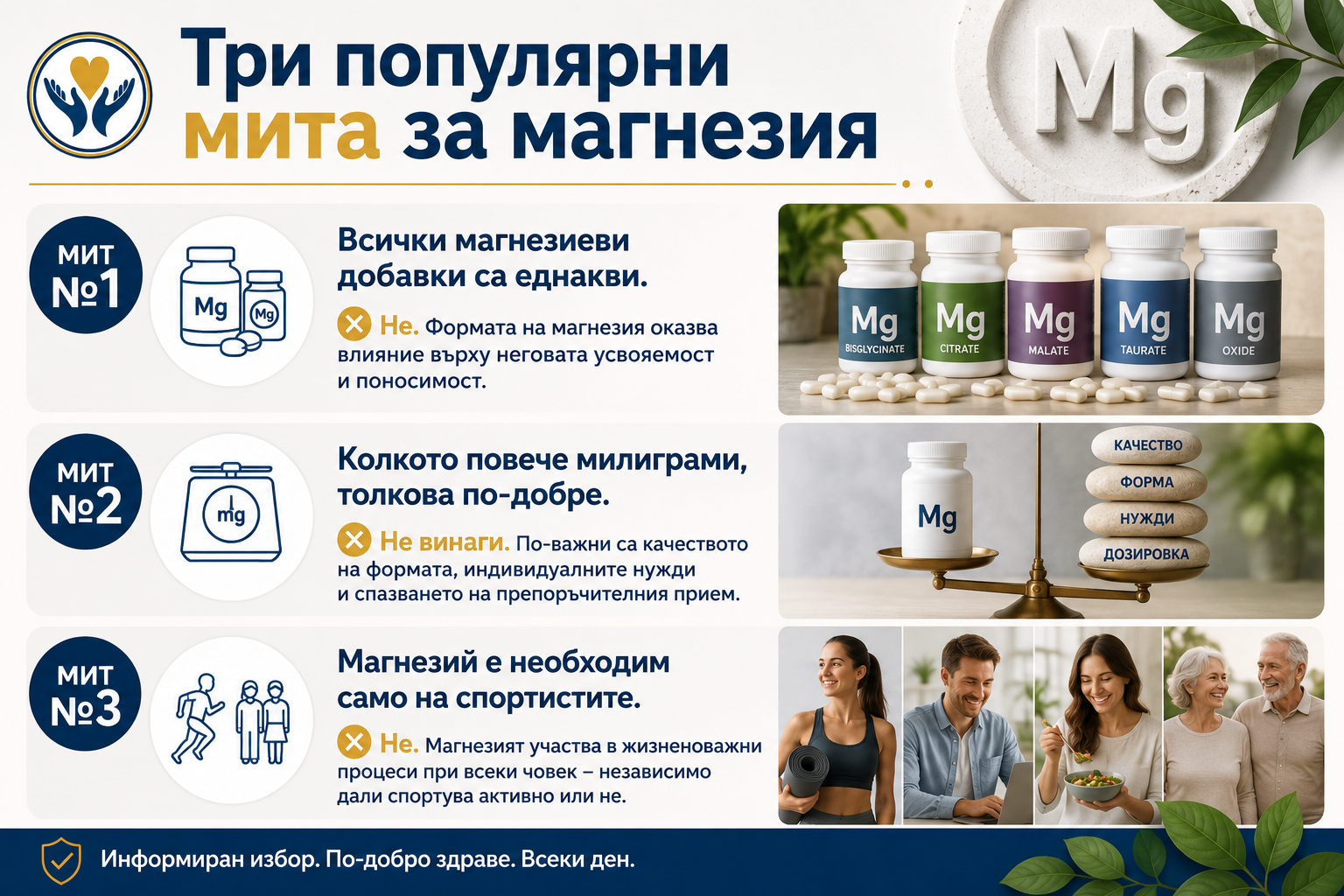 Три популярни мита за магнезия  AnchorМит №1: Всички магнезиеви добавки са еднакви.  Не. Формата на магнезия оказва влияние върху неговата усвояемост и поносимост.  AnchorМит №2: Колкото повече милиграми, толкова по-добре.  Не винаги. По-важни са качеството на формата, индивидуалните нужди и спазването на препоръчителния прием.  AnchorМит №3: Магнезий е необходим само на спортистите.  Не. Магнезият участва в жизненоважни процеси при всеки човек – независимо дали спортува активно или не.