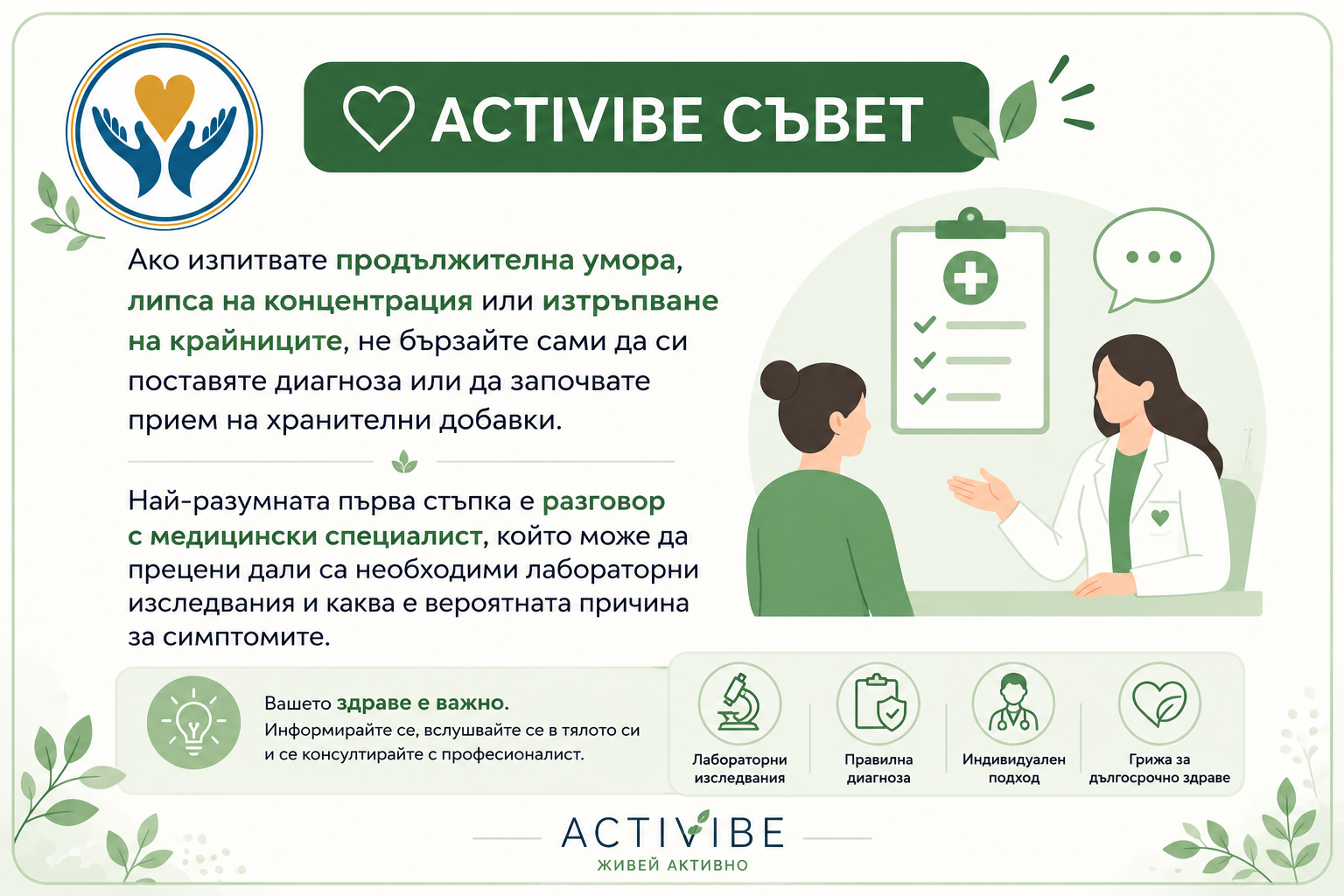 Activibe съвет  Ако изпитвате продължителна умора, липса на концентрация или изтръпване на крайниците, не бързайте сами да си поставяте диагноза или да започвате прием на хранителни добавки. Най-разумната първа стъпка е разговор с медицински специалист, който може да прецени дали са необходими лабораторни изследвания и каква е вероятната причина за симптомите.
