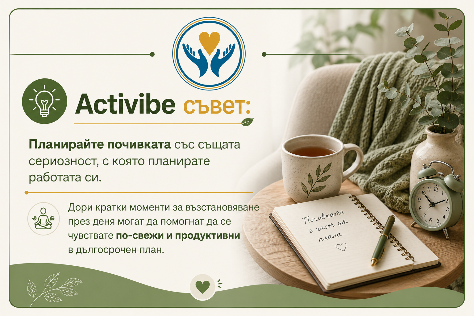 💡 Activibe съвет: Планирайте почивката със същата сериозност, с която планирате работата си. Дори кратки моменти за възстановяване през деня могат да помогнат да се чувствате по-свежи и продуктивни в дългосрочен план.