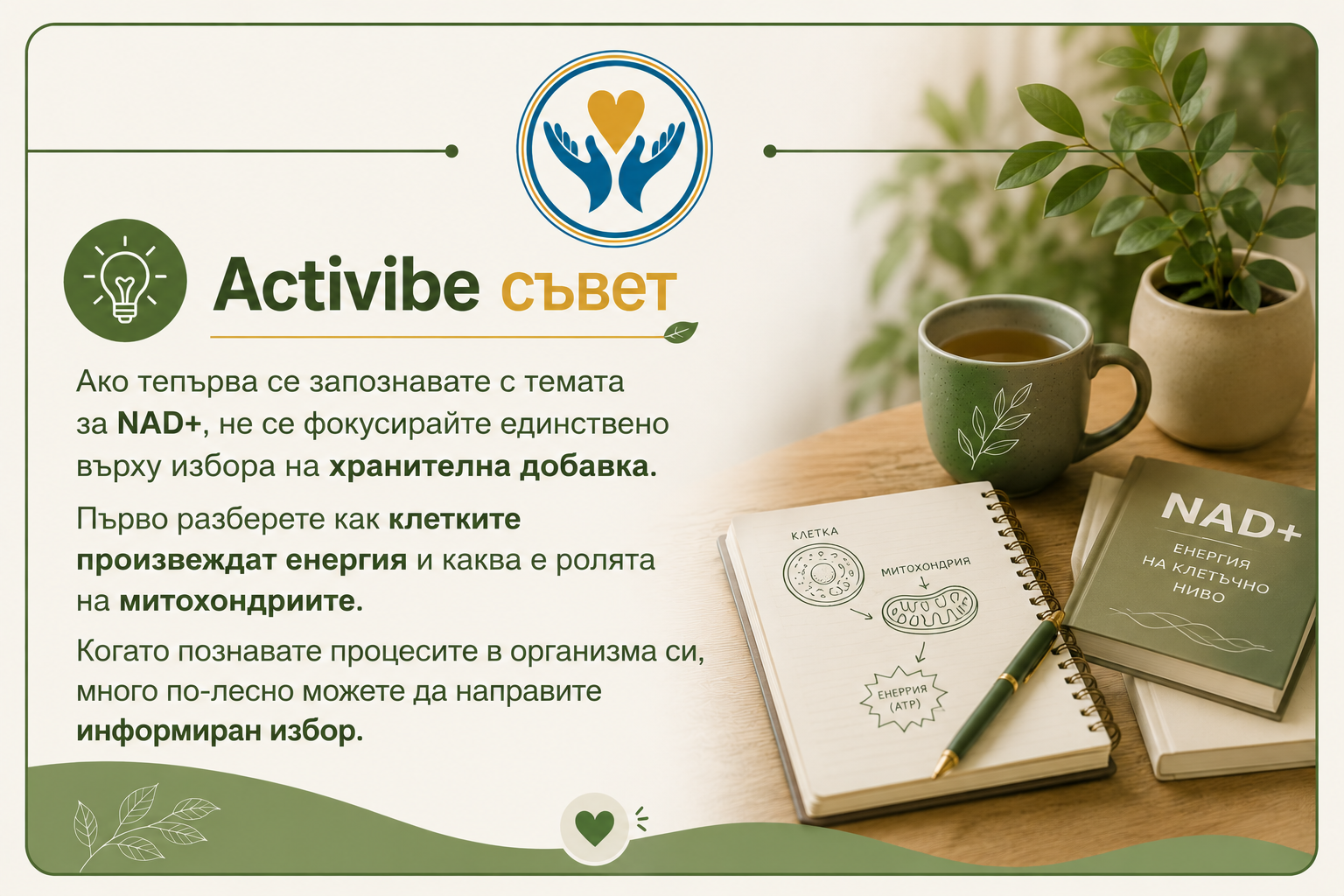 💡 Activibe съвет  Ако тепърва се запознавате с темата за NAD+, не се фокусирайте единствено върху избора на хранителна добавка. Първо разберете как клетките произвеждат енергия и каква е ролята на митохондриите. Когато познавате процесите в организма си, много по-лесно можете да направите информиран избор.