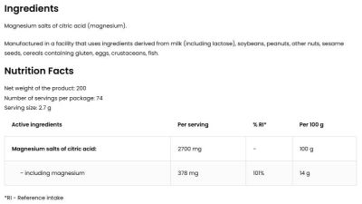 OstroVit Magnesium Citrate Powder | Магнезиев Цитрат на прах| 200 грама, 74 Дози етикет 