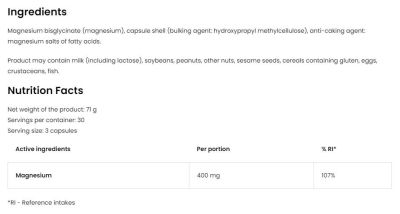 OstroVit Magnesium Glycinate 400 mg | Магнезиев Бисглицинат 400 мг | 90 капсули, 30 Дози етикет 