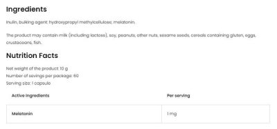 OstroVit Melatonin 1 mg |Мелатонин 1 мг | 60 капсули, 60 Дози етикет 