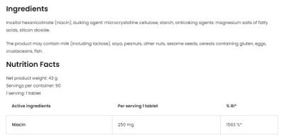 OstroVit Vitamin B3 Niacin 250 mg No-Flush | Витамин Б3 Ниацин 250 мг Без изчервяване етикет 