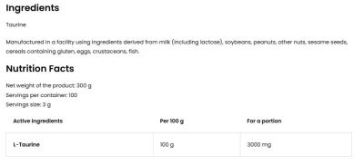 OstroVit Taurine Powder | Таурин на прах | 300 g, 100 дози етикет 