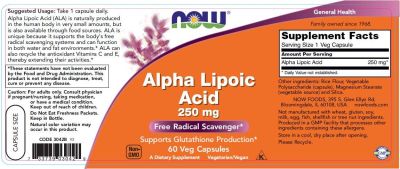 NOW Foods Alpha Lipoic Acid 250 mg | Алфа Липоева Киселина 250 мг | 60 капсули, 60 дози етикет 