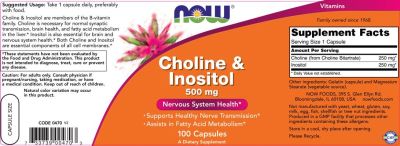 NOW Foods Choline & Inositol 500 mg | Холин & Инозитол 500 мг | 100 капсули, 100 дози етикет 