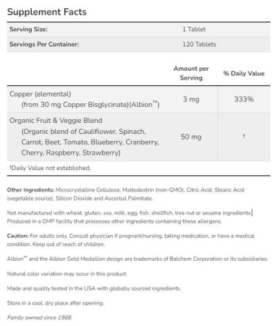 NOW Foods Copper Glycinate 3 mg | Albion™ Copper Bisglycinate | Меден бисглицинат 3 мг | 120 таблетки, 120 дози етикет