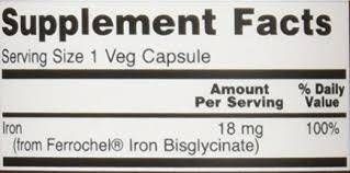 NOW Foods Iron 18 mg Ferrochel® | Желязо 18 мг Ferrochel® | 120 капсули етикет