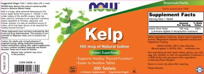 NOW Foods Kelp 150 mcg of Natural Iodine | Водорасли с 150 мкг Натурален Йод | 200 таблетки етикет 