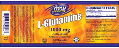 NOW Foods L-Glutamine 1000 mg | Л-Глутамин за Възстановяване и Мускули | 120 капсули етикет 