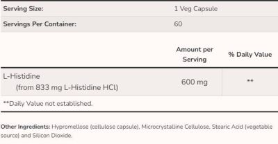 NOW Foods L-Histidine 600 mg | Л-Хистидин | Есенциална Аминокиселина | 60 капсули етикет 