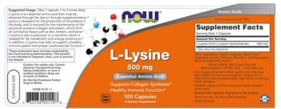 NOW Foods L-Lysine 500 mg | Л-Лизин за Колаген, Кости и Възстановяване | 100 капсули етикет 