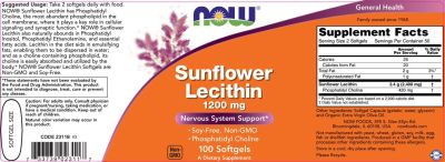 NOW Foods Sunflower Lecithin 1200 mg | Слънчогледов Лецитин | 100 Гел Капсули етикет 