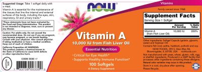 NOW Foods Vitamin A 10000 IU | Витамин А за Зрение и Имунитет | 100 Гел Капсули етикет 