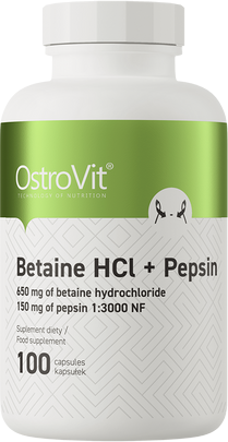 OstroVit Betaine HCl 650 mg + Pepsin 150 mg | Бетаин Хидрохлорид 650 мг + Пепсин 150 мг| 100 капсули, 100 Дози 