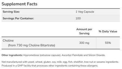NOW Foods Choline 300 mg | Choline Bitartrate | Холин Битартрат 300 мг | 100 капсули, 100 дози етикет 