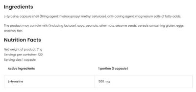 OstroVit Tyrosine Powder | Л-Тирозин на Прах | 210 грама | 140 дози етикет 