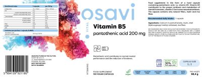 Osavi Vitamin B5 | Pantothenic Acid 200 mg / Витамин Б5 (Пантотенова Киселина) 200 мг | 90 капсули етикет 