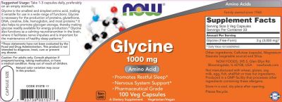 NOW Foods Glycine 1000 mg | Глицин | Аминокиселина за Възстановяване и Сън | 100 капсули етикет