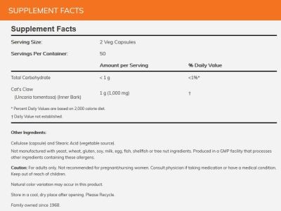 NOW Foods Cat's Claw 500 mg | Котешки нокът | 100 вегетариански капсули etiket