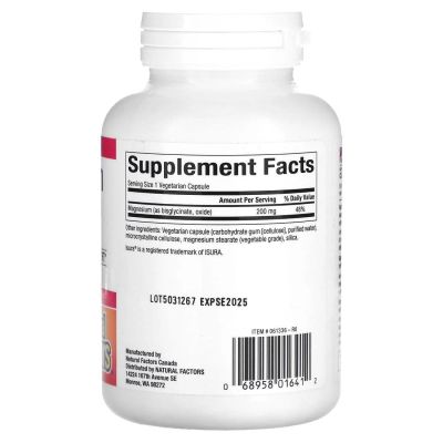 Natural Factors Magnesium Bisglycinate 200 mg | Магнезий Бисглицинат 200 mg | 120 капсули, 120 дози етикет